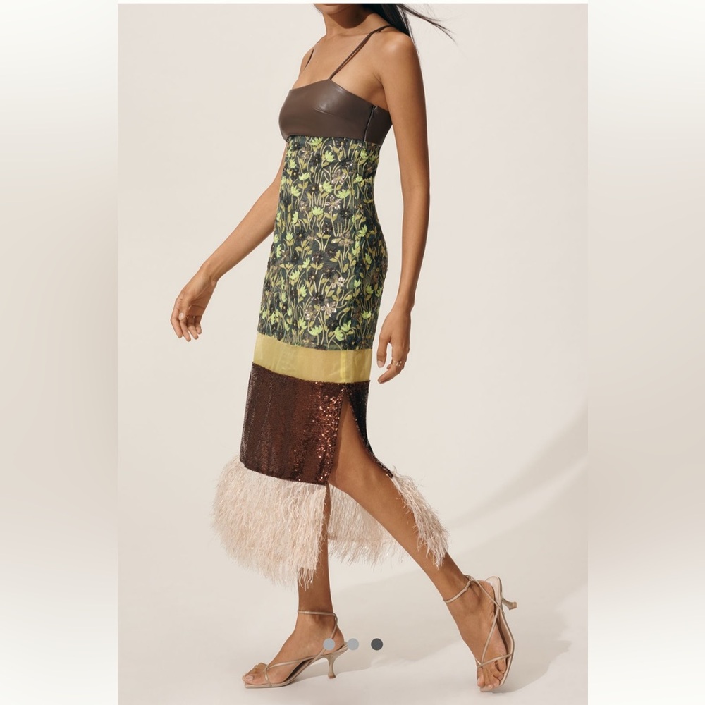 Anthropologie Brown and Green Mixed-Media Feather-Hem Slip Dress